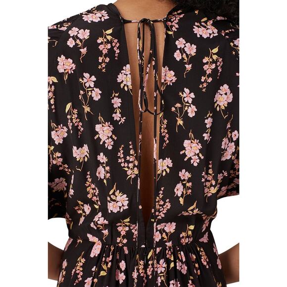 Les Reveries Black Floral Printed Short Sleeve A-Line Silk Midi Dress Size 4 - Picture 6 of 14